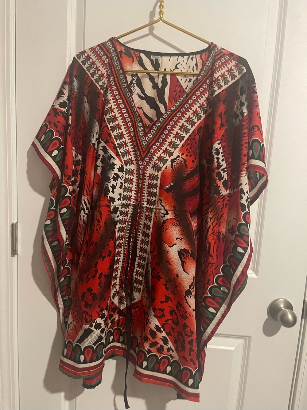 Boho V-Neck Red Patterned Women's Poncho Top. One size 36 wide 34 long